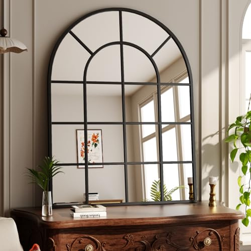 Koonmi Arched Grid Bathroom Wall Mirror, 100 x 75 cm, Black | Tempered glass, Shatter-resistant design, Decorative grid design, Suitable for bathrooms and bedrooms/dressing areas