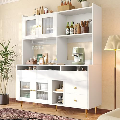 Laxnb Aparador Cocina Aparadores Salon con Almacenaje, 145x39x171cm Aparador Entrada con Cajones y Puertas de Cristal, Armario Alto Cocina Buffet Comoda Vitrina Mueble Auxiliar de Comedor (Blanco)