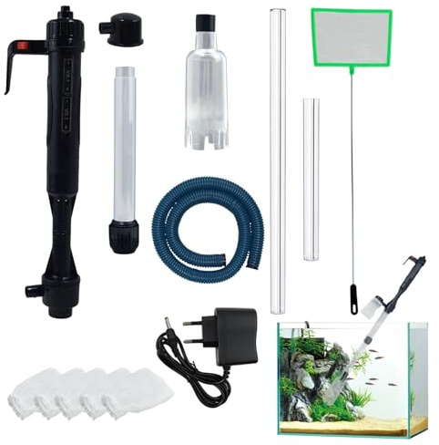 Sifonador Acuario Eléctrico, Limpiador de Grava para Acuario con Tubo Retráctil, 5 Bolsas Filtrantes y 1 Red, Limpiador Eléctrico de Arena y Grava para Acuarios, Cambio de Agua y Mantenimiento