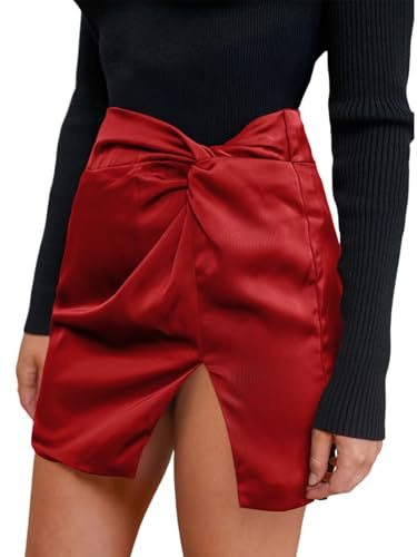 CUPSHE Mini jupe en satin pour femme - Coupe trapèze - Taille haute - Détails torsadés - Ourlet fendu, élégante pour les fêtes, les vacances, les sorties