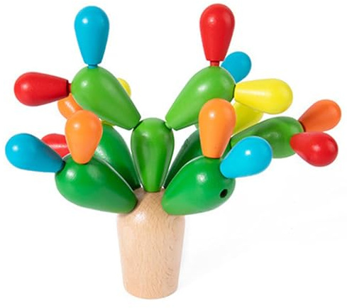 Cactus in Legno - Impilatore di apprendimento, Legno massello Portatile, Costruzione Curva | Pezzi Sfumatura Multicolore per Un Divertente Deserto Tema Costruttore di HAB