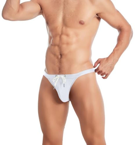 Oanviso Mini Slip Uomo Vita Bassa Costume da Bagno Corto con Coulisse Costumi Perizoma String Tanga Mare Briefs Swim a Bianco M