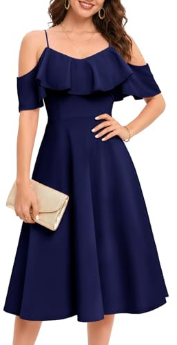 Fynadressr Women's Off Shoulder Midi Dress with Adjustable Straps Ruffle Trim High Waist Swing Vintage Elegant Cocktail Party Wedding Guest Dress