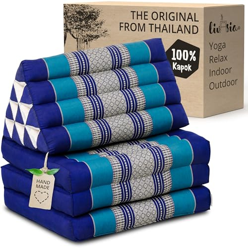 livasia Thai cushion with 3 seat rests - 69x20x3.1″ - Triangle cushion with folding mattress, Wedge cushion, kapok, Back support cushion, folding, Thai mat, folding, Hand made (Blue)