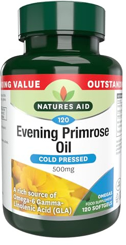 Natures Aid Evening Primrose Oil 500mg β Cold Pressed Omega-6 GLA β Supports Hormonal Balance, Skin Health & Anti-Inflammatory Function β Non-GMO, Gluten-Free β 120 Softgels
