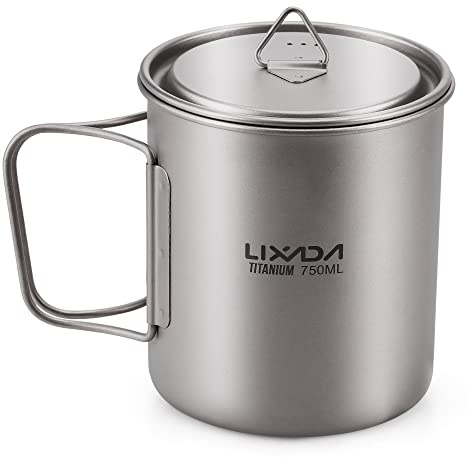 Lixada Ultralight Titanium Tragbarer Wasserbecher aus Titan mit Deckel und Griff, zusammenklappbar, für Outdoor-Camping, Kochen, Picknick