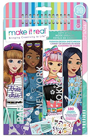 Make It Real City Style Inspired Fashion Sketchbook with Stencils and Stickers for Creativity - Kids Arts and Crafts Colouring Book - Girls Gifts