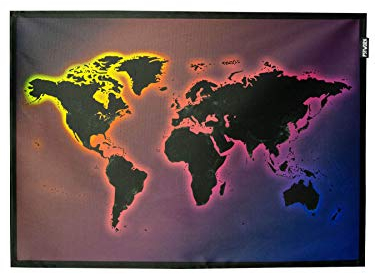 PSYWORK Schwarzlicht Stoffposter Neon Rainbow World Map, 50x70cm