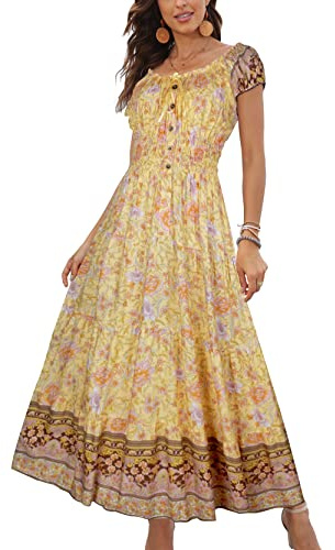 OSTOO Women's 2026 Summer Short Sleeves Boho Floral Print Tiered Casual Flowy Long Maxi Dress(Yellow,XL)