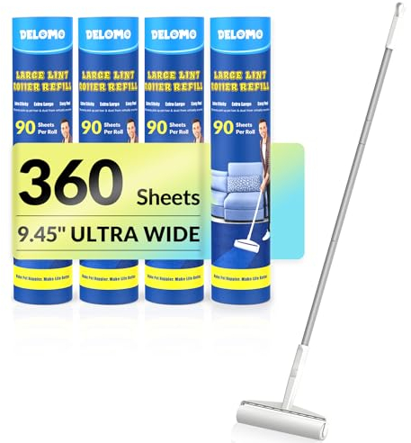 Rodillos de pelusa grandes para alfombras, rodillos adhesivos para piso DELOMO de 9.45 pulgadas con 3 asas extensibles, fregona adhesiva de mango largo para limpiar alfombras, coches, ropa,