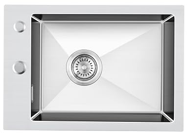 OUGOO Spülbecken 304 Edelstahl 35 x 50 cm, Klassische Einbauspüle mit Löchern, Rechteckig Küchenspüle mit Siebkorbventil und Überlauf, 1 Becken Spüle Küche für 35 cm Unterschrank, Gebürstet