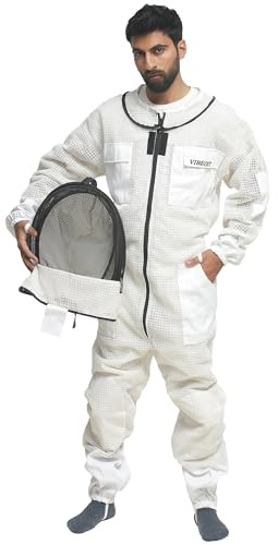 Traje de abeja Ultra ventilado 3 capas Premium Mesh Mono de apicultor Hombre Mujer Velo de esgrima Mono de apicultor anti picadura Profesional Traje de avispa Equipo de protección (Blanco, 3XL)