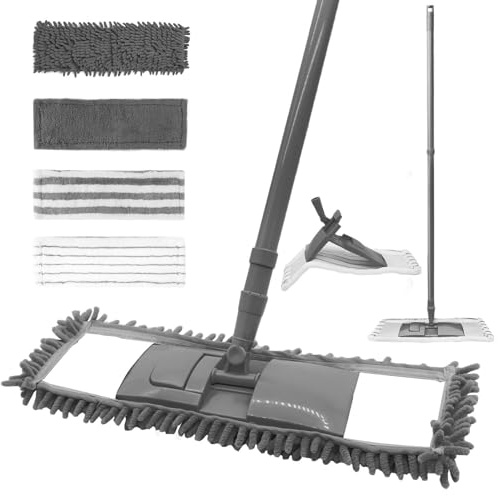 HW CASA Mocio Lavapavimenti,Mocio Microfibra da 125 CM con Asta Telescopica,Viene Fornito con 4 Panni Lavapavimenti,Mocio Piatto Lavapavimenti per Pavimenti in Legno,Piastrelle in Ceramica,Grigio