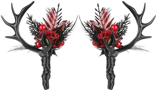 PartyforU Black Boutonniere for Wedding - 2 Pcs Dark Rose Prom Boutonniere with Antler for Men Groom Groomsmen Halloween Anniversary Formal Dinner