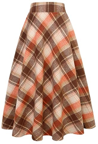 Lång rutig ullkjol för kvinnor vinter höst varm hög elastisk midja En linje utsvängd veckad ull tartan kjolar