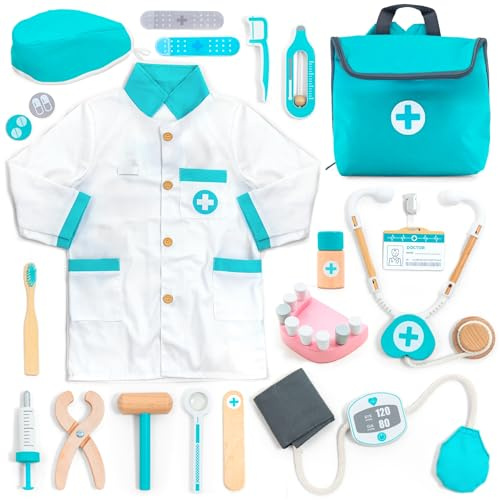 UMU® Arztkoffer Kinder Spielset aus Holz mit Arztkittel, Stethoskop, Zahnarzt Zubehör & mehr, Doktorkoffer Spielzeug für Rollenspiele, 20 TLG. Medizinisches Set für Mädchen & Jungen ab 3, 4, 5 Jahren