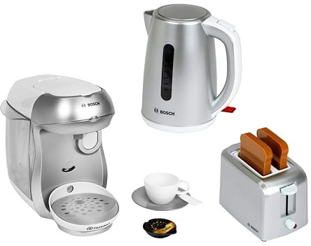 Theo Klein 9216 Bosch Set Petit déjeuner, Set d'accessoires de Cuisine composé d'un Grille-Pain, d'une cafetière Automatique et d'une Bouilloire électrique, Jouet pour Enfants à partir de 3 Ans