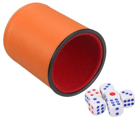 sourcing map Gobelet à dés professionnel doublé de feutre, en cuir synthétique silencieux, comprend 6 dés à pois pour bar, rassemblements, jeux de société, orange