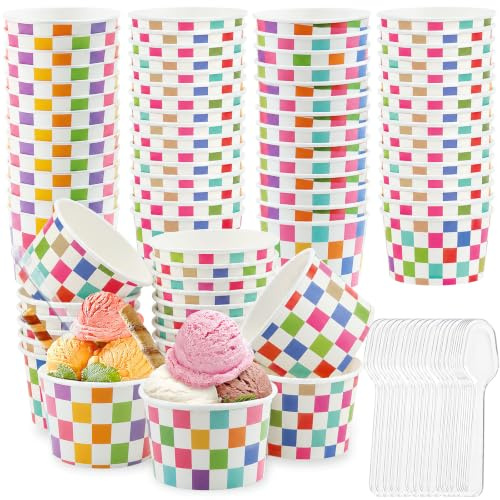 RosyFate Glasskoppar, 50 dessertkoppar kartong, med 50 stycken skedar, glasskålar, glasskopor, söndag, yoghurt, pudding (färgade rutor)