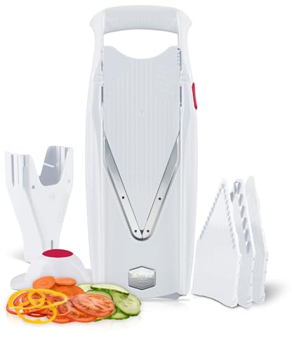 Swissmar Börner VPower V-Slicer Mandoline – Professional Kitchen Tool with Adjustable Thickness – Precision Food Slicer for Vegetables, Julienne, Shredding – Includes Safety Holder & Inserts - White