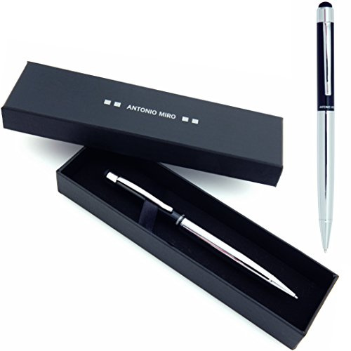 Antonio Miro - Bolígrafo (tinta azul), color negro y plateado metálico, con logotipo de satisfacción, perfecto para regalo