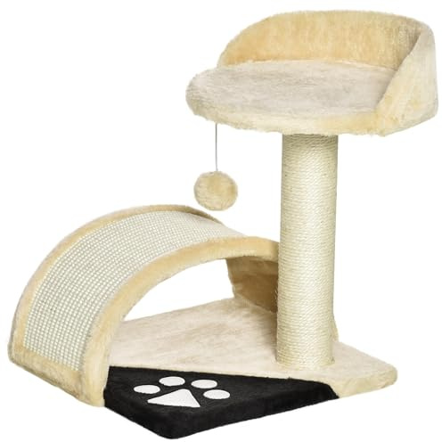 PawHut Kratzbaum Katzenbaum mit Spielbällen Katzenkratzbaum Sisalseil-Kratzstangen Beige 35,5 x 37 x 46 cm