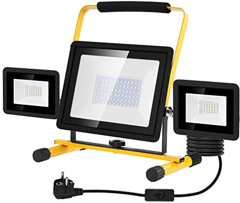 Viugreum Projecteur Led Chantier 100w 8000LM Luminaire Exterieur à Trois Têtes Avec Prise Câble de 3M Étanchéité IP65 Blanc Froid 6500K Portable Lampe Chantier pour Atelier Garage Construction