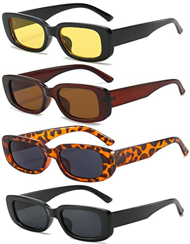 Unning 4 Pack Retro Rectangle Sunglasses Women Vintage 90s Trendy Sunglasses Set Square Glasses for Women Men