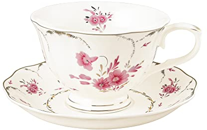 fanquare Taza de Té de Porcelana Blanca con Platillo, Taza de Té Rosa para Café, Latte, Espresso, 200ml