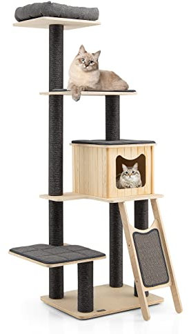Maxmass 175cm Tall Cat Tree, Wooden Cat Tower with Scratching Posts & Board, Top Perch, Condo and Detachable Cushion, Multi-Level Pet Activity Center Furniture for Kittens