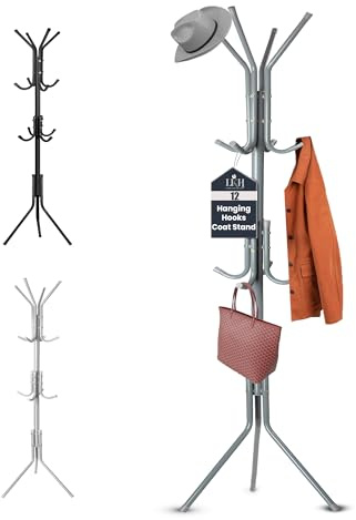 LKH Coat Rack Stand 170cm Steel Hat Stand Coat Stands with 12 Hooks – Clothes Hanger for Jackets, Hats, Scarves, Bags & Umbrellas Space Saving Design Non-Slip Feet