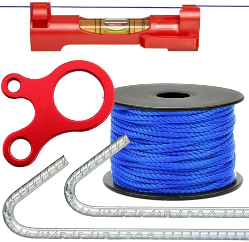 Maurerschnur 50m x 1,7mm (Richtschnur) | Schnureisen 300 mm 30cm (Erdnagel Hering) | Schnurwasserwaage (Wasserwaage klein) | Schnurspanner (Maurerschnurspanner)%