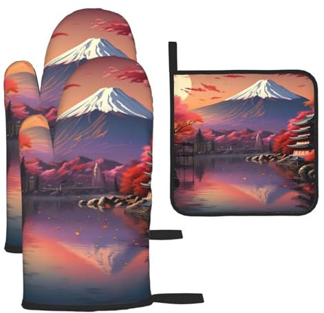 Juego de guantes de horno y soportes para ollas, guantes antideslizantes resistentes para barbacoa, cocina, hornear, parrilla, impresión de paisaje Fuji de Japón