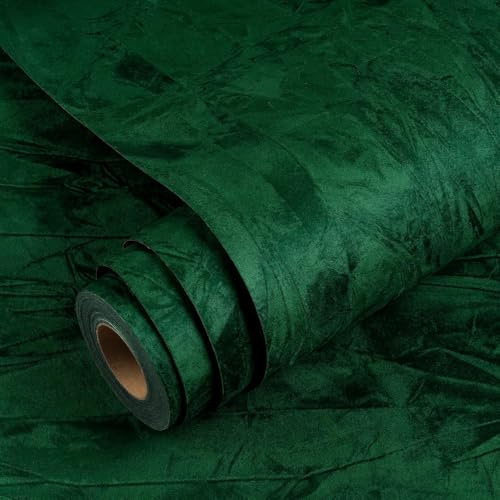 YENHOME 30X118 Vintage Green Velvet Wallpaper Peel and Stick Dark Green Velvet Peel and Stick Wallpaper Textured for Bedroom Self Adhesive Felt Fabric Wall Paper Contact Paper for Cabinets Drawers
