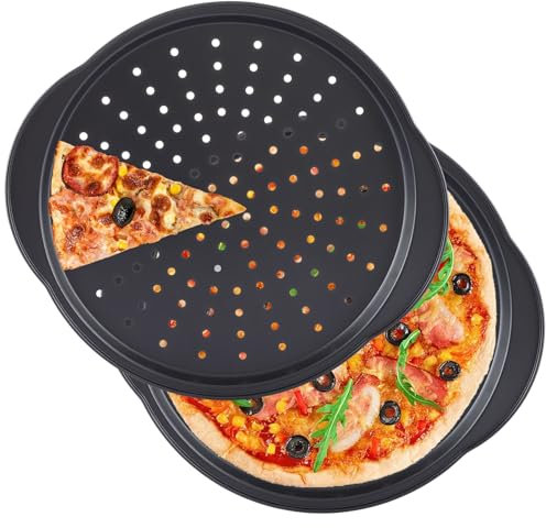 VIDETOL 4 Pack 14 Inch Pizza Trays for Oven Non Stick, Non-Stick Pizza Pan with Holes and Handles, Carbon Steel Pizza Oven Trays, Black