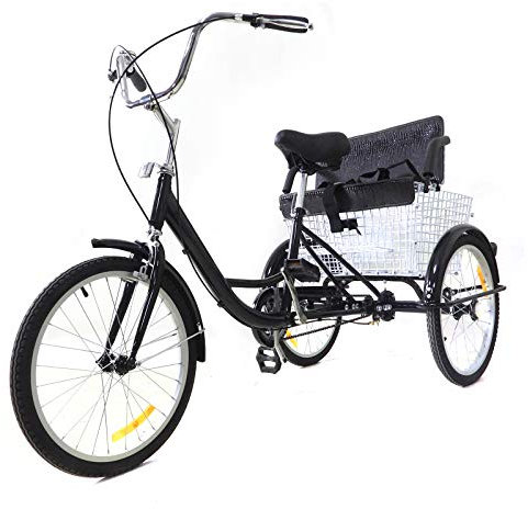 WooDerson 20 Zoll Dreirad Fahrrad Erwachsene Mit Kindersitz, Klappbarer Rückenkorb, 1 Gänge, Kohlenstoffstahl 3 Rad Fahrrad Schwarz, Raddurchmesser 50cm, Dual Brake System
