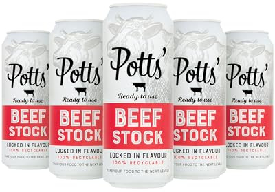 Potts’ Beef Stock in Can, 500ml, Pack of 5 - Canned Beef Broth for Soups, Sauces, & Stews - Flavour Enhancer Made with Beef Fat & Bones - Easy Open Can, Ready to Use Stock