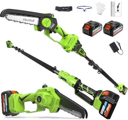 Podadora telescópica 2 en 1 con batería de 8 pulgadas y mini motosierra con batería de 2 x 4,0 Ah y 21 V, motor sin escobillas, altura de trabajo de hasta 4,5 metros, podadora compacta para cortar