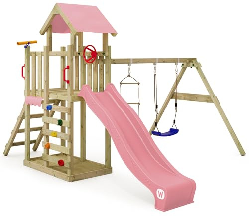 Wickey Torre da arrampicata MultiFlyer Light, altalena e scivolo, torre da arrampicata per bambini all'aperto con sandbox, scala e accessori da gioco per il giardino - rosa pastello