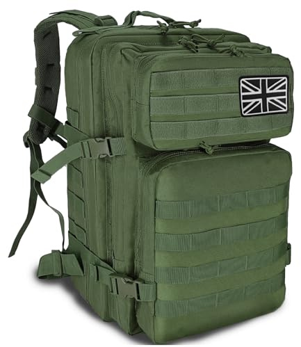 HEMSO Grand Sac à Dos Militaire 45L,Sac de Voyage Système MOLLE,Sac Crossfit de Sport pour Randonnée Trekking Moto Camping Voyage Pêche Alpinisme École (Vert)