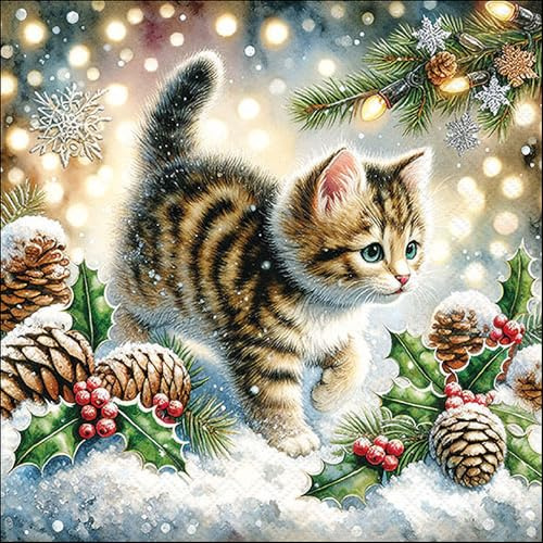 Ambiente Serviette Cute Cat In The Snow 20 Stk Einseitig Bedruckt 33x33 cm Papier Wintermotiv Ideal für Serviettentechnik und Decoupage