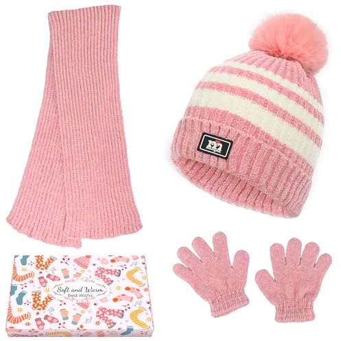 KOOOGEAR Kids Winter Warm Hat Scarf Gloves Set,Thermal Thick Knit Fluffy Toddler Scarf Girls Boys Knitted Thermal Hat Gloves Scarves Set for Children Aged 2-8 years (Pink)