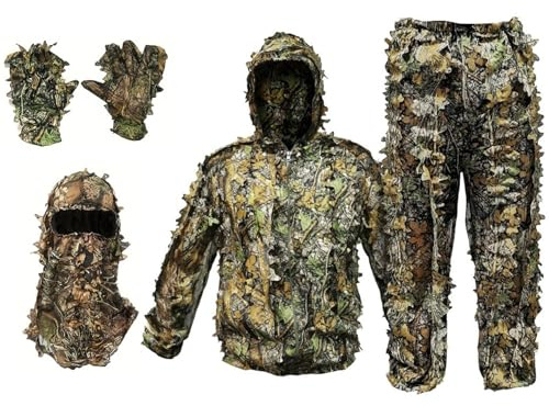 BEAHING Costume Ghillie avec Chapeau et Gants, Costume de Feuilles de Camouflage pour Hommes, Masque Complet pour l'observation des Oiseaux, la Chasse