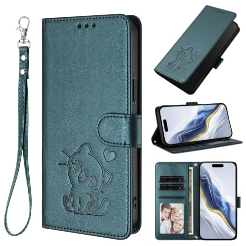 TUUNKMUY för Cricket Debut S3 fodral, flip PU-läder präglad katt stöttåligt bokplånbok fodral med stativ magnetisk folio TPU stötfångare gel skyddande telefonskydd för cricket debut S3 grön
