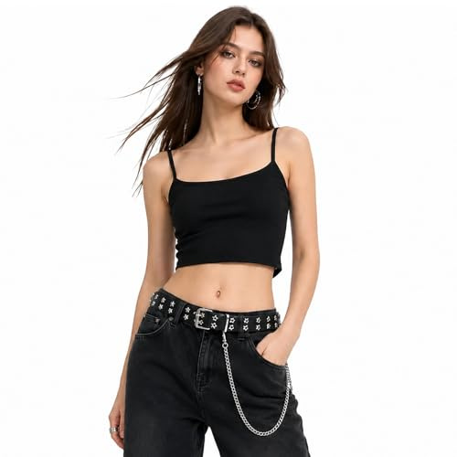 YESHLiky Studded Belt for Women Men, Rock Punk Belt with Chain & Star Holes, Black Gothic Cowgirl Emo Belts for Jeans, Goth Festival Accessory