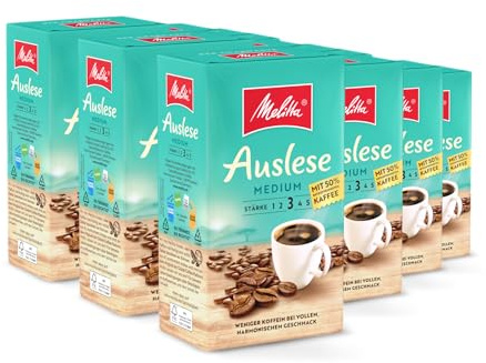 Melitta Auslese Medium Filter-Kaffee 12 x 500g, gemahlen, Pulver für Filterkaffeemaschinen, 50% entkoffeiniertem Kaffee, mittlere Röstung, geröstet in Deutschland, im Tray