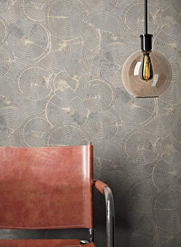 NEWROOM Tapete Braun Vliestapete Glänzend - Mustertapete Ethno Schwarz Kreise Spirale Metallic Glamour Baumscheibe inkl. Tapezier-Ratgeber