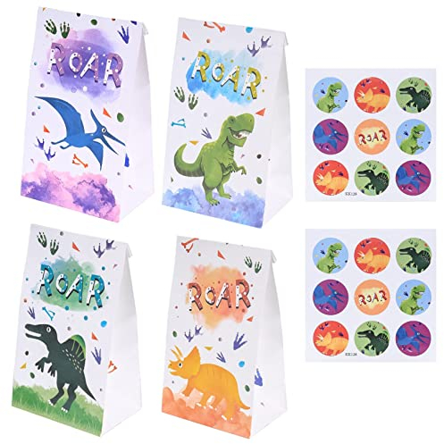 12 Stück Geschenktüte Geburtstag，Eingedickte Dinosaurier Papiertüten，Bunt Candy Papier Tüten für kindergeburtstag tüten，Partytüten mit 18 Dino Aufkleber für Geburtstagsfeier Geschenke