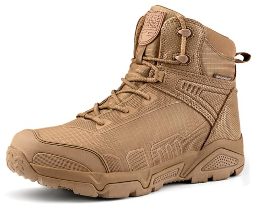 FREE SOLDIER pour Homme Mid Haute durabilité Lacets Bottes Durable Imperméable Armée Combat Chaussures Respirant Tactique de Randonnée(Marron-imperméable,43EU)