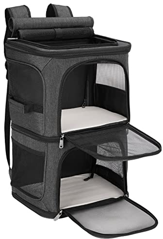 FASRIOU Katzenrucksack für 2 Katzen bis 12kg, Katzentransportbox für 2 Katzen, Große Haustier Rucksack für kleine Hunde, Katzentransporter mit Abnehmbarer Matte und atmungsaktivem Mesh, Schwarz